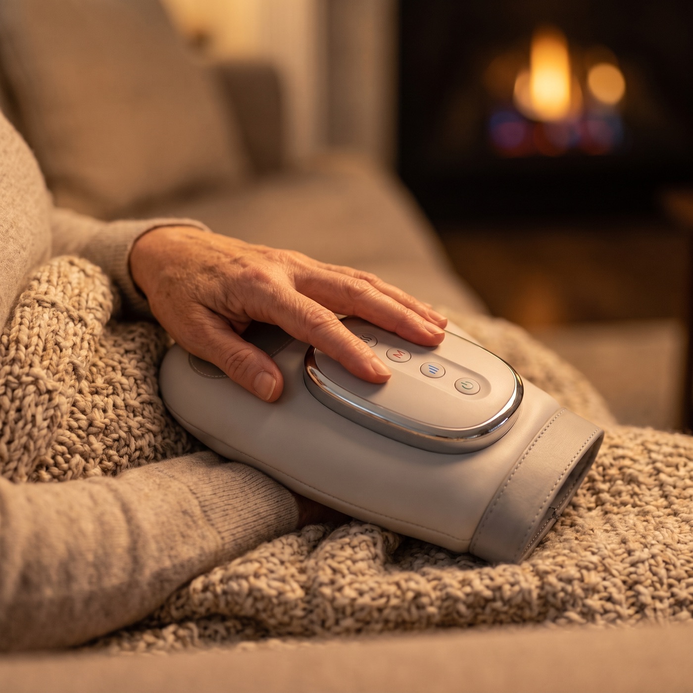 A hand relaxing in the Vesper™ Hand Massager at home